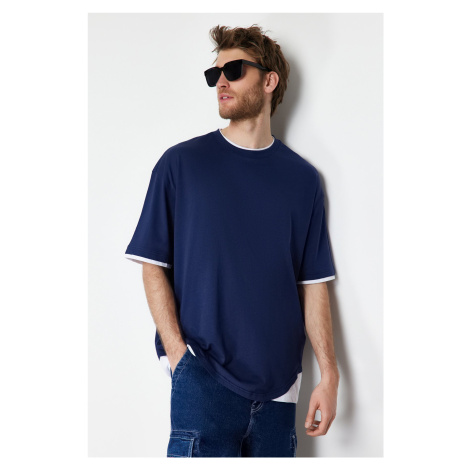 Trendyol Navy Blue pánske oversized tričko / široký strih 100% bavlna color blokové tričko