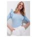 Trend Alaçatı Stili Women's Blue V-Neck Frilly Knitwear Blouse