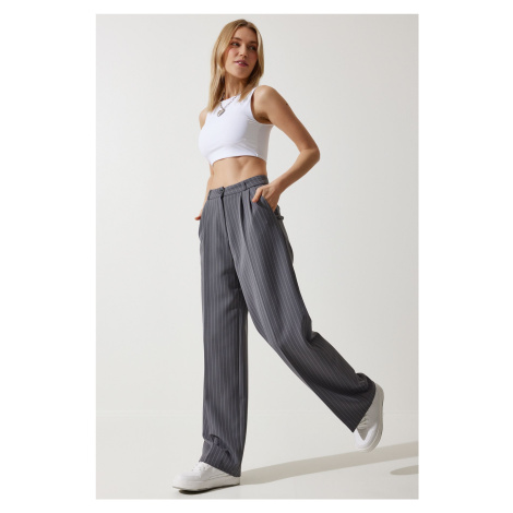 Happiness İstanbul Women's Gray Slim Striped Masculine Palazzo Pants