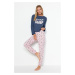 Trendyol Indigo 100% Cotton Cat Print T-shirt-Pants and Knitted Pajamas Set