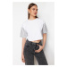 Trendyol White Striped Poplin Sleeve Detailed Slogan Printed Crop Knitted T-Shirt