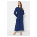 Trendyol Navy Blue Waist Belted Parachute Fabric Wide Pattern Woven Dress