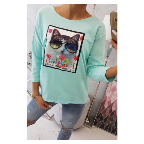 Blúzka s 3D grafikou mačky v mätovej farbe UNI