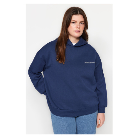 Trendyol Curve Navy Blue Thick Inside Fleece Printed Detailed Knitted Sweatshirt
