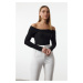 Trendyol Black Drape Detailed Fitted Long Sleeve Stretchy Knitted Blouse