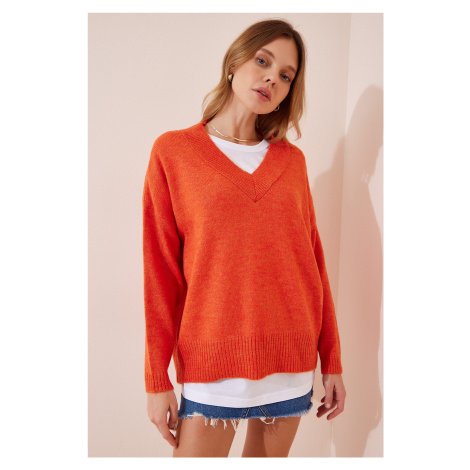 Happiness İstanbul Women's Orange V-Neck Oversize Knitwear Sweater