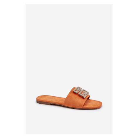 Women's flat heel slippers with embellishments, orange insole