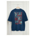 Trendyol Navy Blue Oversize/Wide Cut 100% Back Printed Short Sleeve T-Shirt