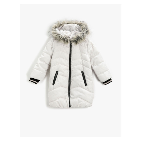 Koton Down Down Coat with Faux Fur Detail, Hooded, Zippered Pocket