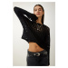 Happiness İstanbul Women's Black Openwork Crop Knitwear Sweater