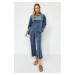 Trendyol Blue Soft Feeling Velvet Tshirt-Capri Knitted Pajama Set