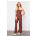 Trendyol Brown Cargo Pocket Strapless Collar Maxi Woven Jumpsuit