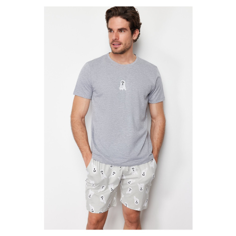 Trendyol Gray Printed Regular Fit Knitted Shorts Pajamas Set