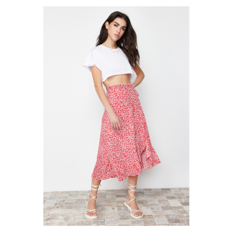 Trendyol Red Printed High Waist Flexible Skirt with Gather Detail and Flounce