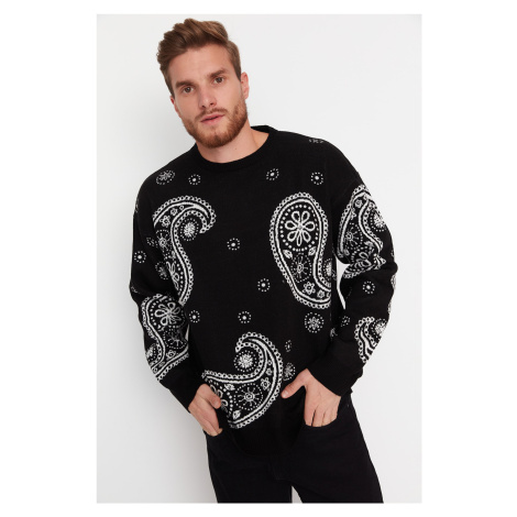 Trendyol Black Oversize Paisley Patterned Crew Neck Knitwear Sweater