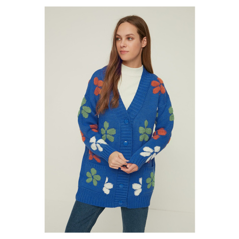 Trendyol Blue V-Neck Floral Embroidered Knitwear Cardigan