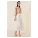 By Saygı Elastic Waist Lined Mini Check Thick Striped Long Chiffon Skirt White