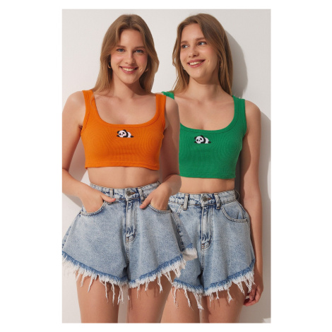 Happiness İstanbul Women's Orange Green 2-pack Panda Embroidery Knitted Crop Top