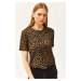 Olalook Women's Leopard Mink Ribbed Crop Knitted T-Shirt