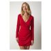 Happiness İstanbul Women's Red Wrap-Up Neck Elegant Woven Dress that Fits the Body