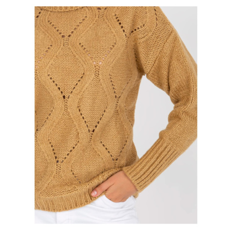 RUE PARIS camel openwork sweater with turtleneck