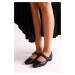 Shoeberry Women's Olidy Black Two-tone Belt Oval Toe Flats Black Skin.