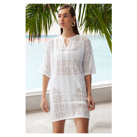 Trendyol White Mini Knitwear Tie-Up Beach Dress