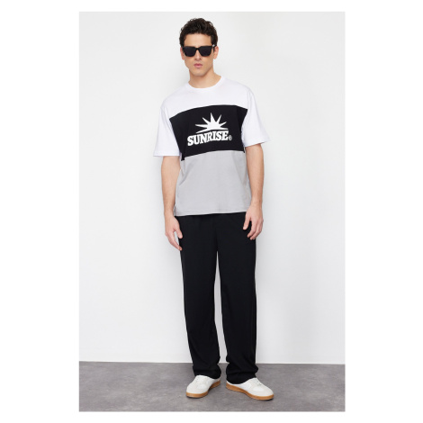 Trendyol Black Oversize/Wide Cut Text Printed Color Block 100% Cotton Short Sleeve T-Shirt