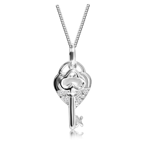 Náhrdelník - striebro 925, retiazka, srdcová zámka a kľúč, číre kamienky