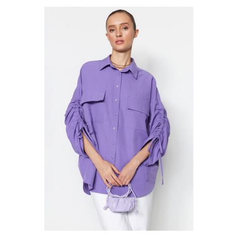 Trendyol Purple Adjustable Shirring Sleeves, Woven Cotton Shirts