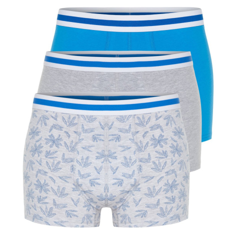 Trendyol 3-Piece Gray-Blue Tropical Patterned-Plain Mix Cotton Boxer