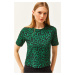 Olalook Women's Leopard Emerald Green Ribbed Crop Knitted T-Shirt