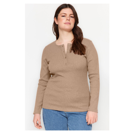 Trendyol Curve Mink Crew Neck Plain Basic Ribbed Knitted Blouse