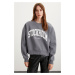 GRIMELANGE Eunuce Women's Oversize Crew Neck Gray Sweatshirt with Ribbon Inside and Printed on t