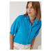 Happiness İstanbul Women's Blue Balloon Sleeve Linen Ayrobin Shirt