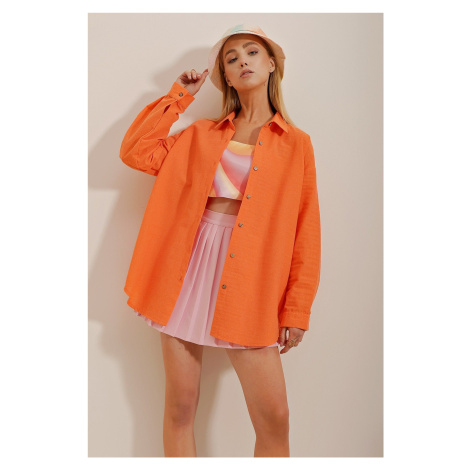 Trend Alaçatı Stili Women's Orange Oversize Linen Shirt