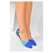 Fox Shoes Sax Blue/Aqua Green Suede Women's Chain Detailed Flat Flats