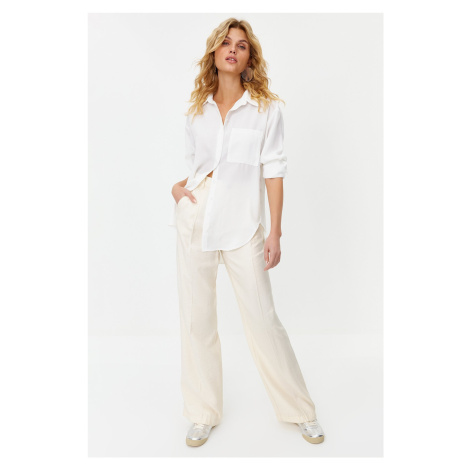 Trendyol Ecru Oversize Wide Fit Linen Look Woven Shirt