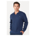 AC&Co / Altınyıldız Classics Men's Navy Blue Loose Fit Fleece 3 Thread Polo Neck Jacquard Sweats