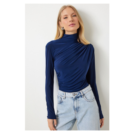 Happiness İstanbul Women's Cobalt Blue Ruffle Detailed High Collar Sandy Blouse