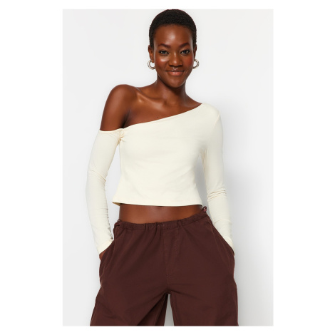 Trendyol Stone One-Shoulder Cotton Knitted Blouse with an Stretchy Fitted/Simple Crop