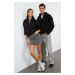 Trendyol Black Couple Oversize/Wide Pattern Zipper Collar Thick Polar Fleece Knitted Sweatshirt