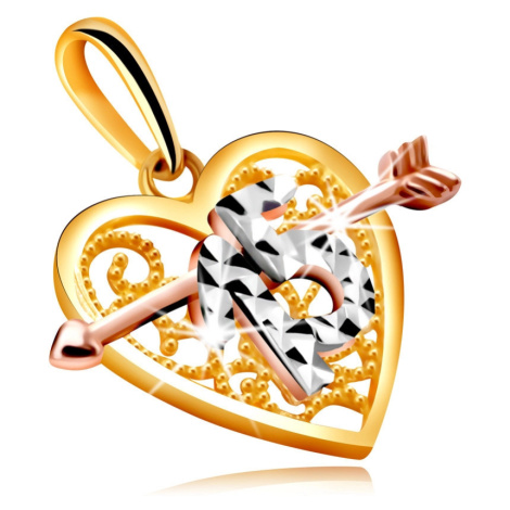 Prívesok z kombinovaného zlata v podobe srdca so šípom - ozdobený číslicou "15"