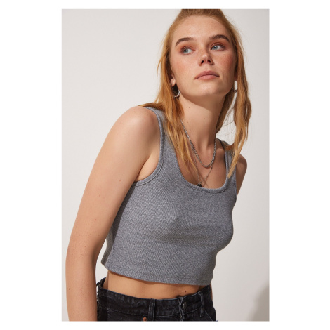 Happiness İstanbul Women's Gray Strappy Corded Crop Knitted Blouse