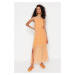Trendyol oranžová A-line maxi tkané podšívky s rozparkom kvetinový vzor tkané šaty