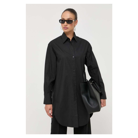 Bavlnená košeľa BOSS dámska, čierna farba, voľný strih, s klasickým golierom Hugo Boss