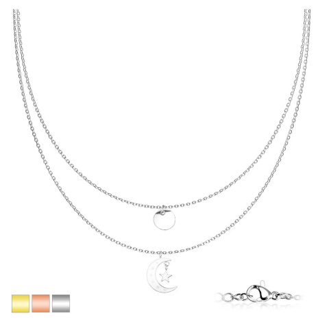 Dvojitý náhrdelník z chirurgickej ocele - medailón, mesiac a hviezda, PVD, karabínka - Farba: Zl