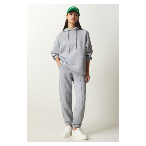 Happiness İstanbul Women's Gray Hooded Raised Knitted Tracksuit Set