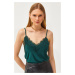 Olalook Women's Emerald Green Strap Adjustable Ruched Flowy Knitted Tank Top Blouse