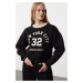 Trendyol Black Color Blocked Slogan Oversize Crop Thick Inside Fleece Knitted Sweatshirt